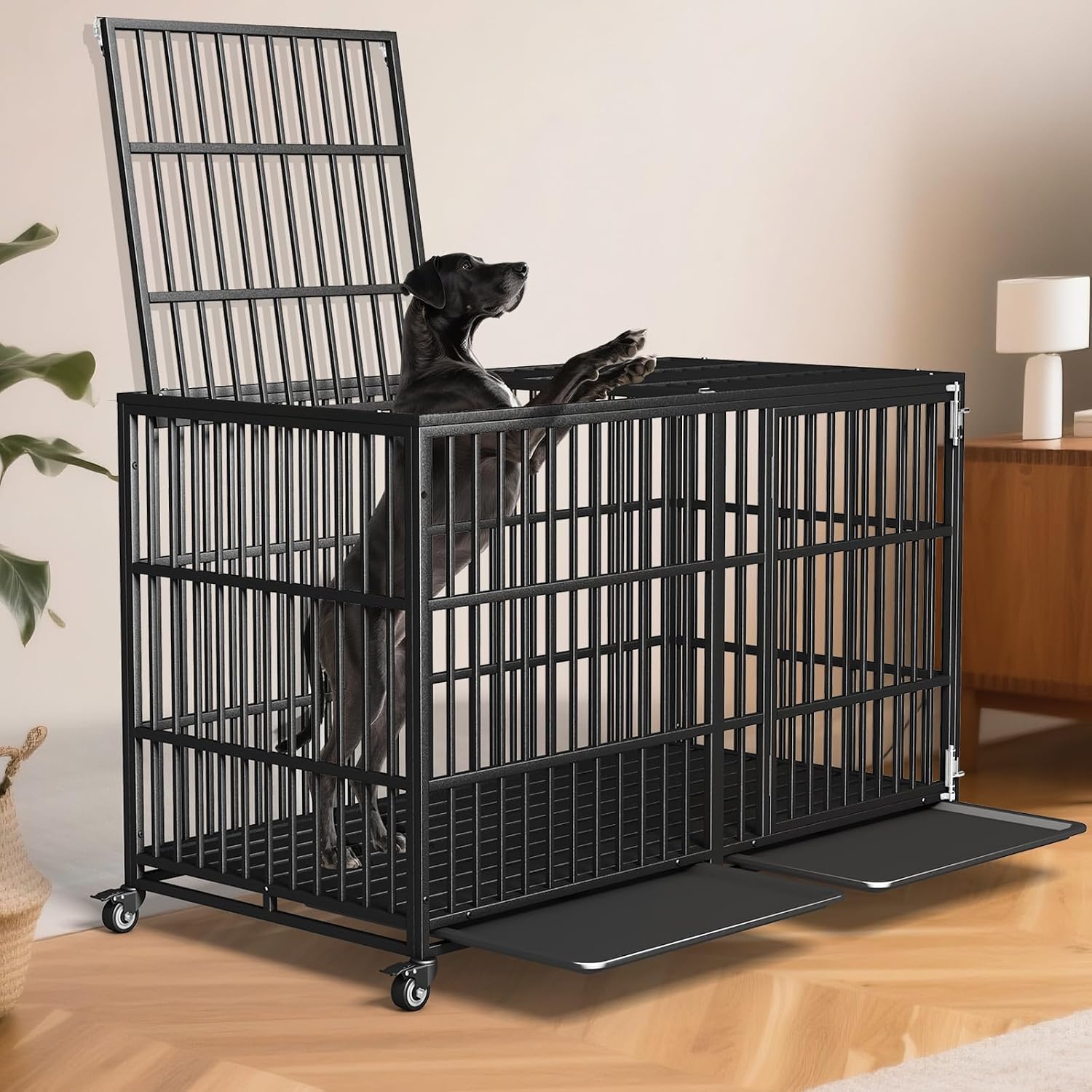 Heavy Duty Dog Crate 64' Inch Indestructible Escape Proof High Anxiety Dog Pet Kennel Cage for Extra XL Large Giant Breeds Double Doors Locakable Wheels