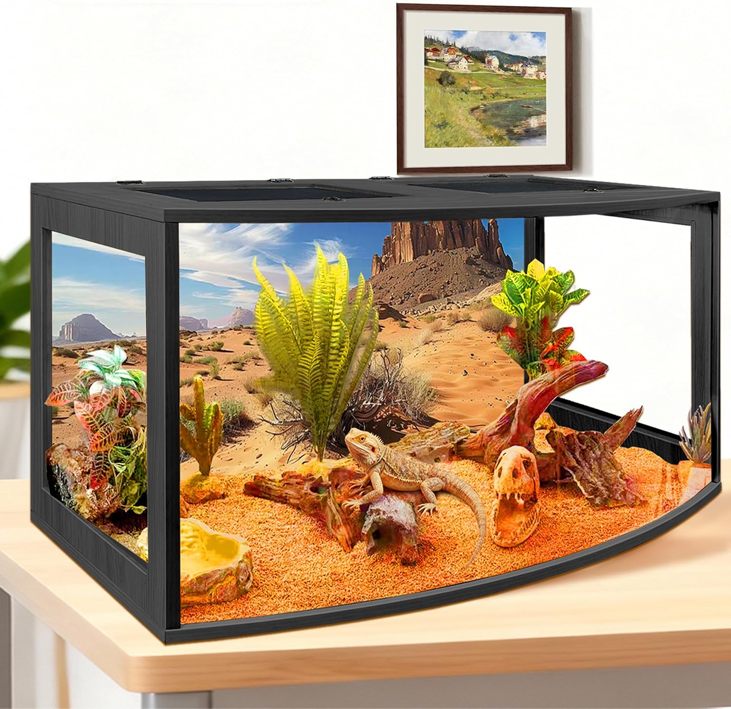 PROLEE Bearded Dragon Tank, Curved Reptile Enclosure with 3-Side Clear Acrylic Panels, Spacious Lizard Tank with Metal Mesh Top and Lockable Door for Reptile Habitat (Black, 24' Length,24 Gallons)