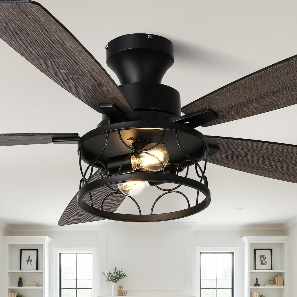 52'' Flush Mount Ceiling Fan with Light, Farmhouse Low Profile Ceiling Fan with Remote, 6-Speed Quiet Reversible DC Motor, 3 Clear Glass Lights, Timer Function, for Bedroom Living Room Kitchen