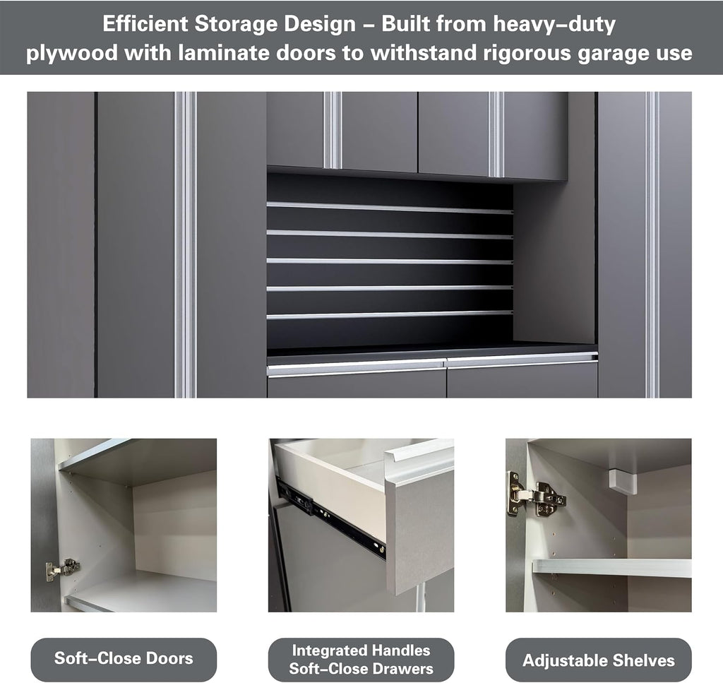 Premium Garage Cabinets 7' Storage Sets Solution with Adjustable Legs, Soft-Close Drawer & Door, Integrated Handles, Heavy Duty Plywood Box Construction, Tool and Equipment Organizer (Combo 7CS-012B)