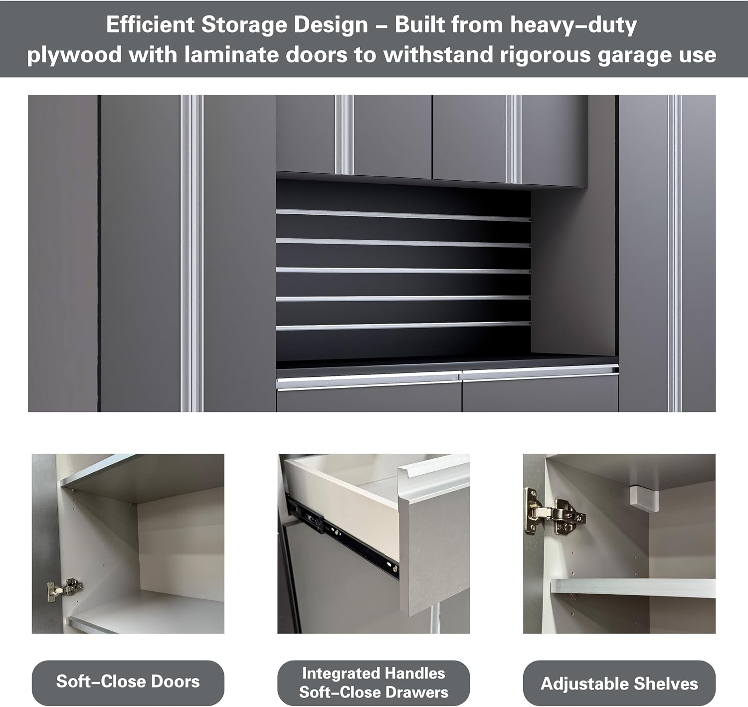 Premium Garage Cabinets 7' Storage Sets Solution with Adjustable Legs, Soft-Close Drawer & Door, Integrated Handles, Heavy Duty Plywood Box Construction, Tool and Equipment Organizer (Combo 7CS-012B)