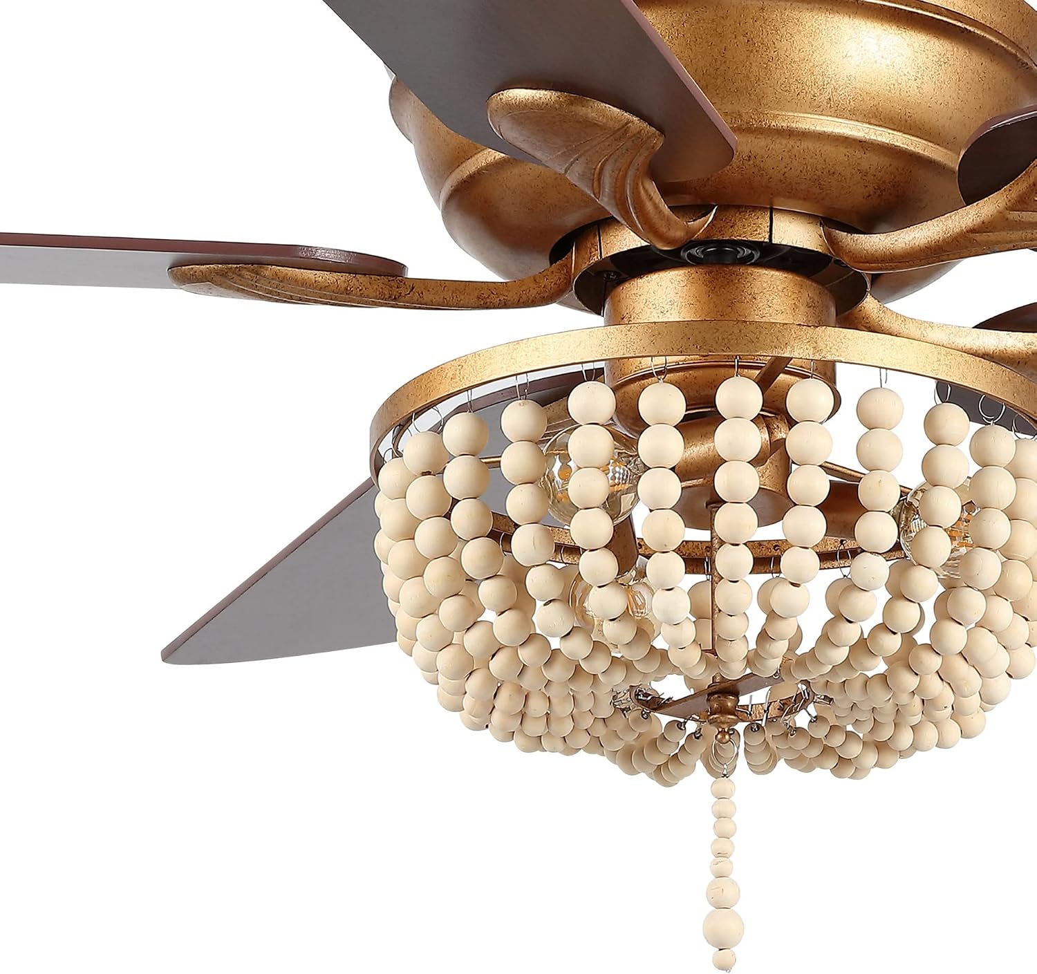 JONATHAN Y 52' Antique Gold 3-Light LED Ceiling Fan with Remote and App Control, Bohemian Farmhouse Chandelier, Light Brown Wood Bead Shade, Reversible Wood Blades JYL9618A
