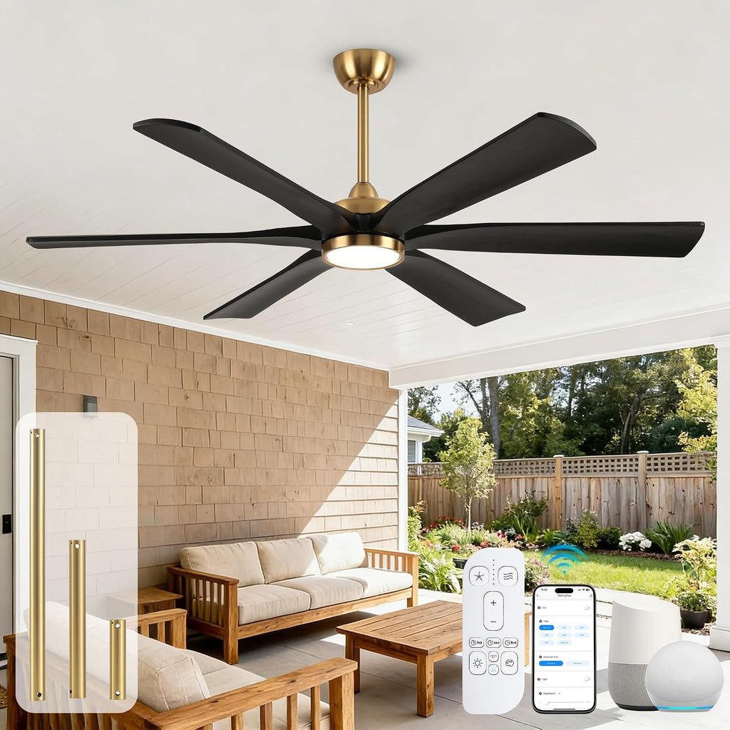72 Inch Outdoor Ceiling Fan with Light, Black and Gold Modern Smart Fan Alexa/APP/Remote Control, 6 Wood Blades Damp Rated, High CFM Quiet DC Motor, for Indoor Large Living Room Garge Exterior Patio