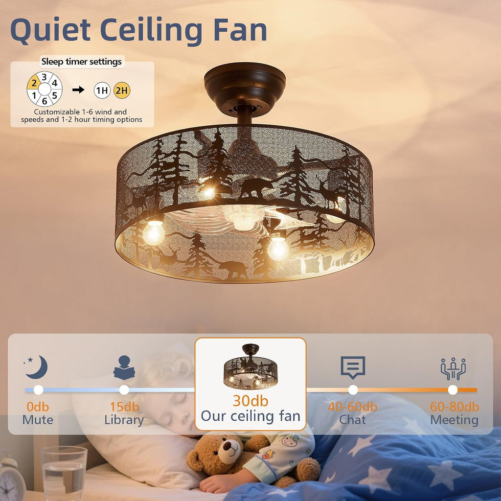 18 Inch Rustic Ceiling Fan with Light and Remote, Black Round Farmhouse Caged Ceiling Fan, Quiet Reversible Motor, Vintage Metal Bear and Deer Design Ceiling Fans for Bedroom Living Room
