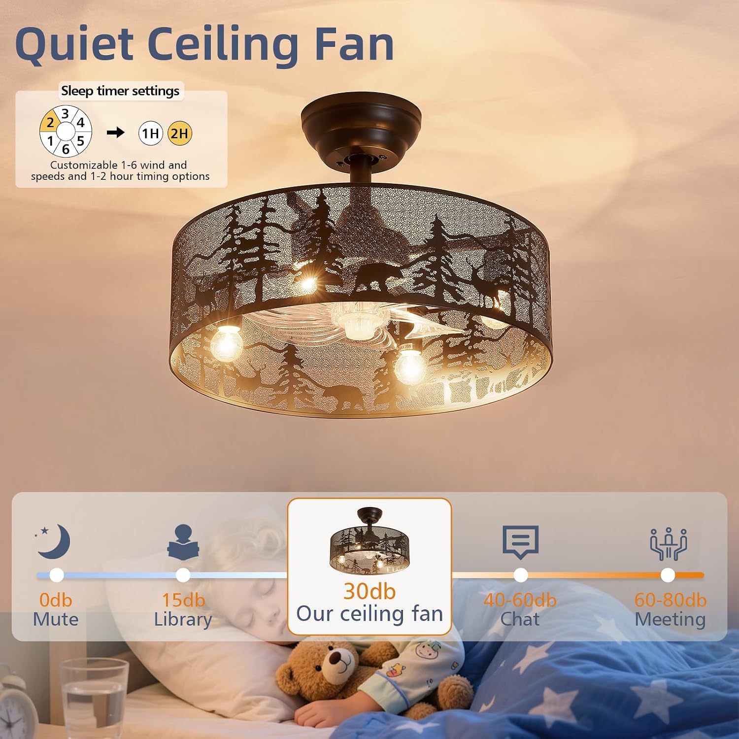 18 Inch Rustic Ceiling Fan with Light and Remote, Black Round Farmhouse Caged Ceiling Fan, Quiet Reversible Motor, Vintage Metal Bear and Deer Design Ceiling Fans for Bedroom Living Room