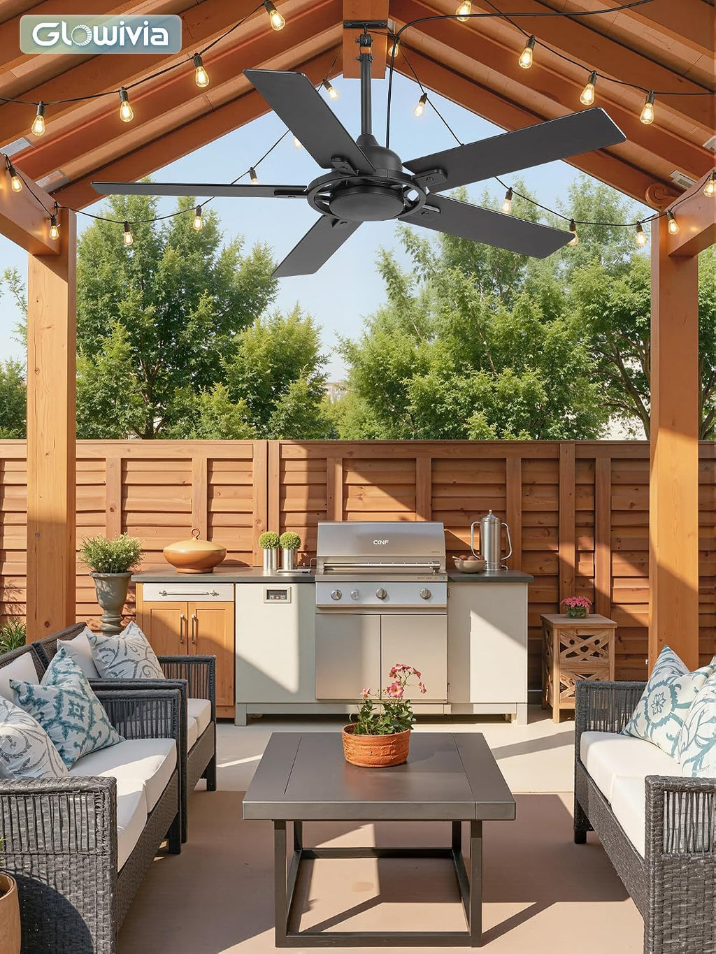 52 Inch Outdoor Ceiling Fan without Light, Waterproof IP65 Wet-Rated, Plug-in Black Ceiling Fan No Light, Remote Control with 6-Speed DC Motor, Hanging Fans with Cord for Patio Porch Gazebo