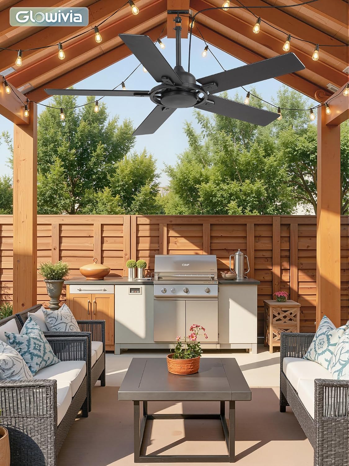 52 Inch Outdoor Ceiling Fan without Light, Waterproof IP65 Wet-Rated, Plug-in Black Ceiling Fan No Light, Remote Control with 6-Speed DC Motor, Hanging Fans with Cord for Patio Porch Gazebo