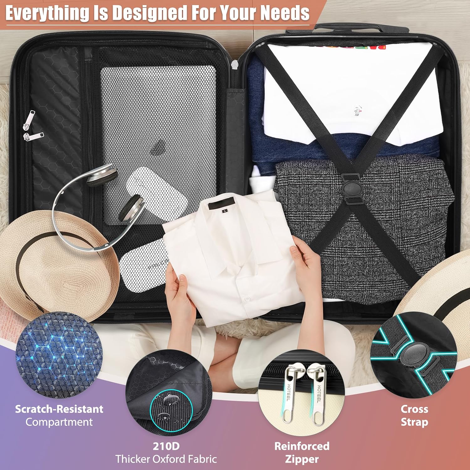 Hoteel Luggage Sets 5 Piece ABS+PC Hardside, 4-Year Warranty, Luggage Set with Dual-Spinner Wheels, TSA Lock, Lightweight Carry on Luggage, 20'/24'/28' Suitcase with Duffel & Organizer, Beige