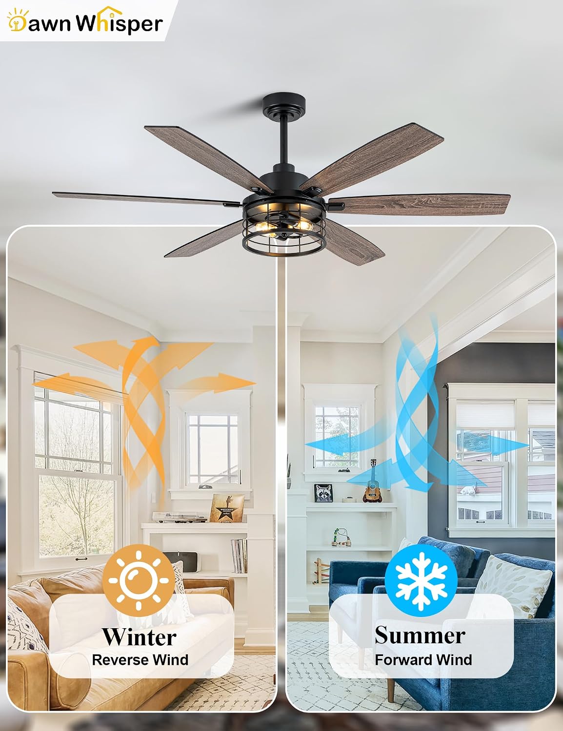 60 Inch Farmhouse Ceiling Fans with Lights Black Caged Rustic Industrial Chandelier Fans for Living Room Bedroom Quiet Reversible DC Motor 6 Speeds 6 Modern-Farmhouse Styles Dual-Finish Blade