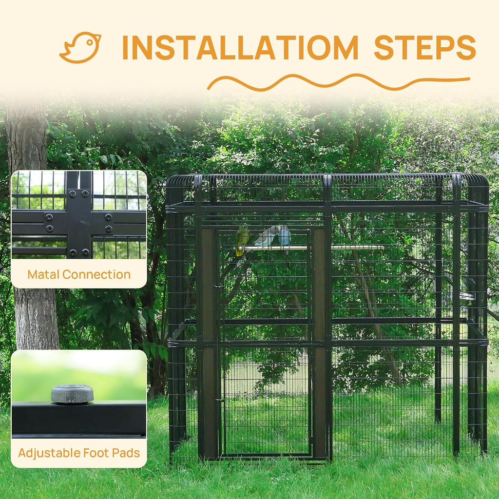 120' Heavy Duty Outdoor Walk-in Bird Cage – Carbon Crystal Board & Metal Aviary for Macaw, Budgie, Conure, Lovebird & More,Spacious Flight Cage (Black)