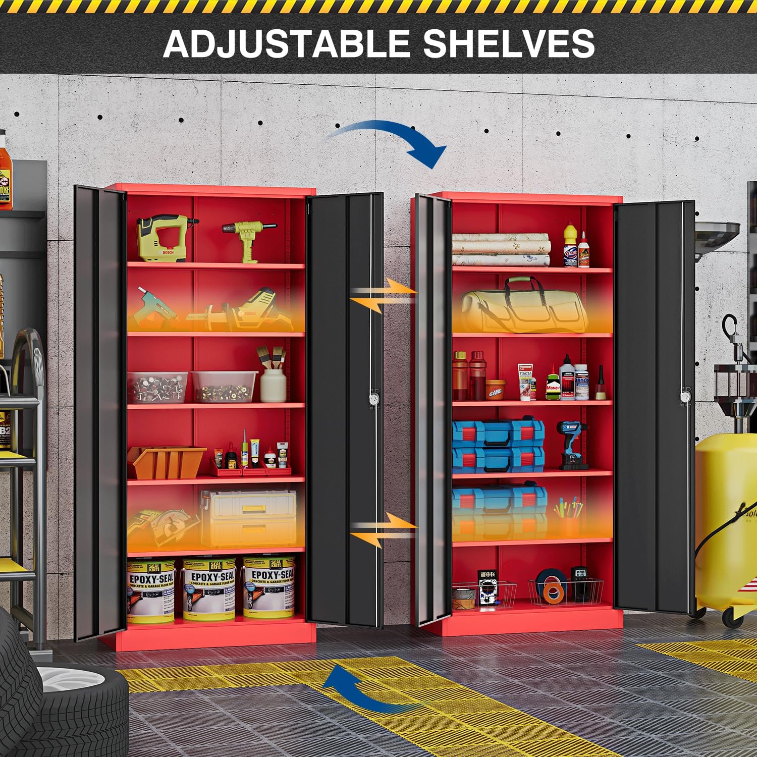 Fesbos Metal Storage Cabinet-71' Tall Steel File Cabinets with Lockable Doors and Adjustable Shelves-Black&Red Steel Storage Cabinet for Home,Kitchen, School, Office, Garage