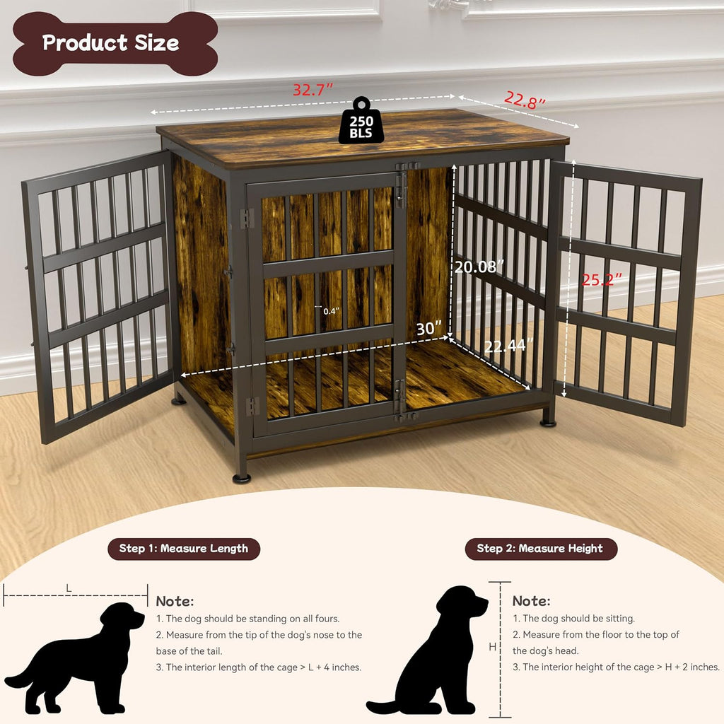 33'' Dog Crate Furniture Large Breed Dog Crate Dog Kennels for Inside Wooden Dog Crates End Table Heavy Duty Indoor Combination Cage for Medium to Large Dogs Walnut