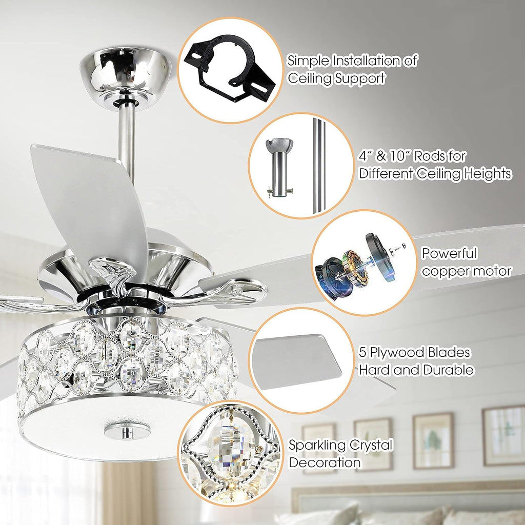 Parrot Uncle 52 Inch Ceiling Fans with Lights and Remote Control, Crystal Chandelier Fans for Bedroom Living Room, Reversible 5-Blade, 3 Speeds, Timer Function, Polished Chrome