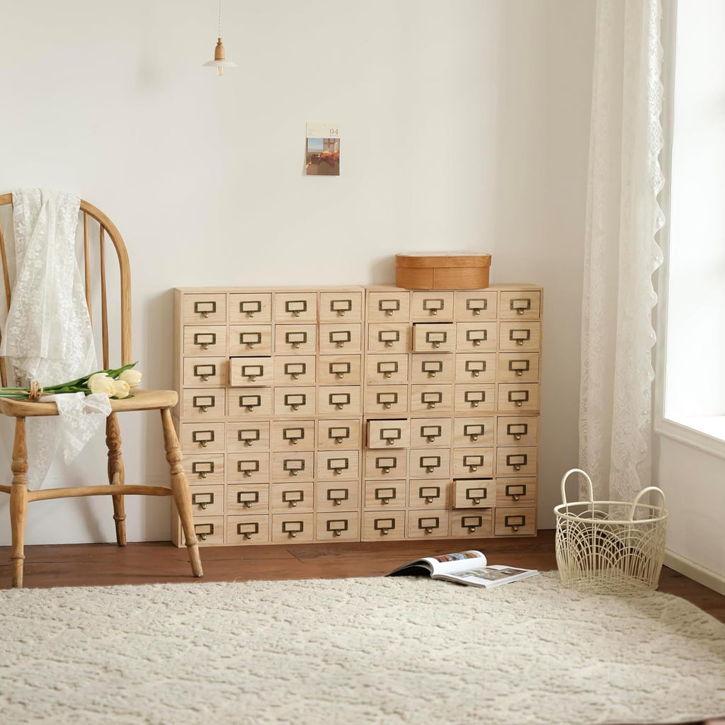 Creative Storage Wall 64-Drawer Modular Apothecary Cabinet, Stackable Light Wood Library Card Catalog Organizer with Label Holders, for Stickers, Beads, Pins, Stamps & Scrapbooking