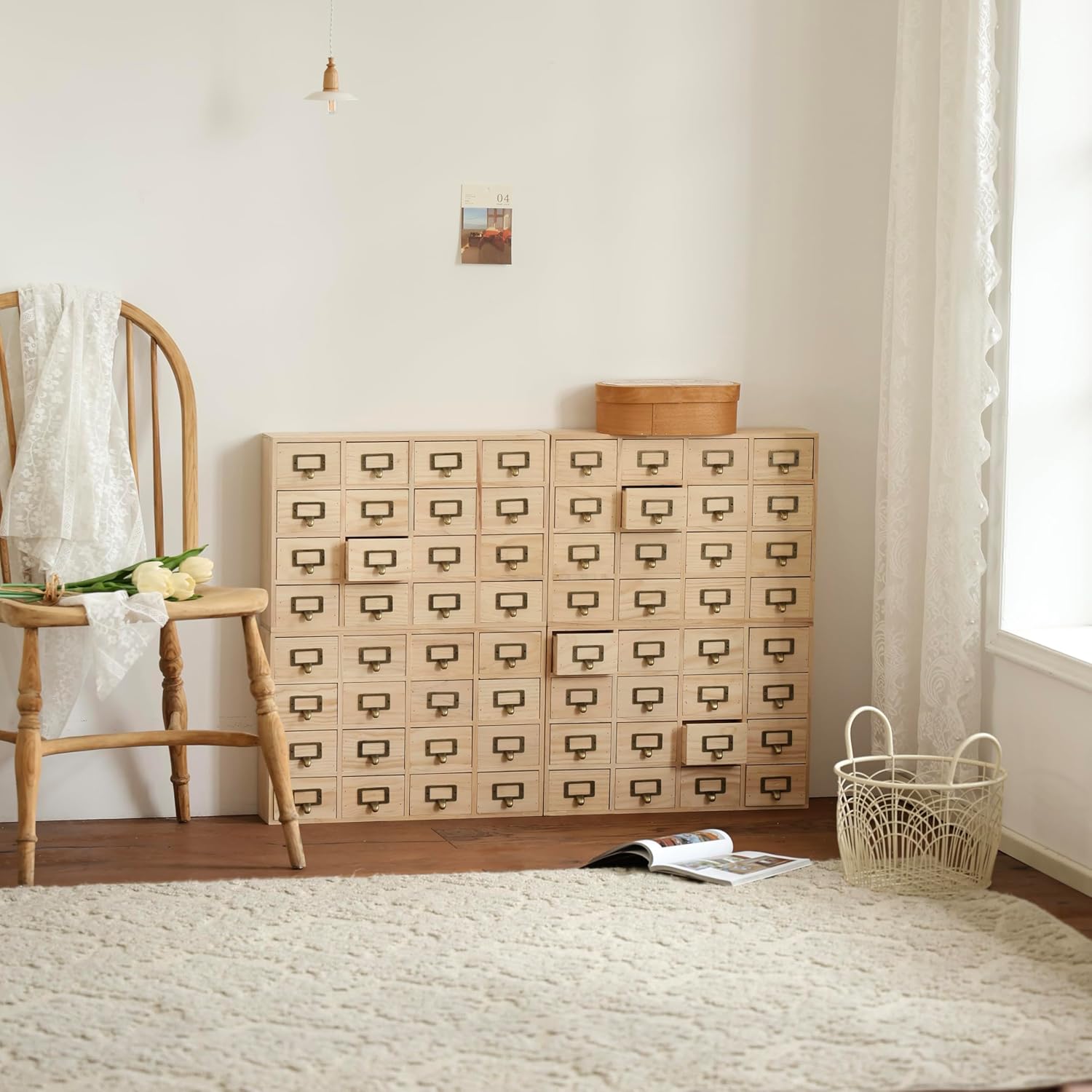 Creative Storage Wall 64-Drawer Modular Apothecary Cabinet, Stackable Light Wood Library Card Catalog Organizer with Label Holders, for Stickers, Beads, Pins, Stamps & Scrapbooking