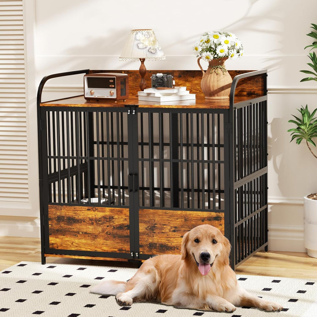 41 in Dog Crate Furniture, Medium Dog Kennel Indoor with Adjustable Bowls, Wooden Dog Cage Table Decorative for Small, Medium, Dog, Brown 41' L X 24' W X 36' H