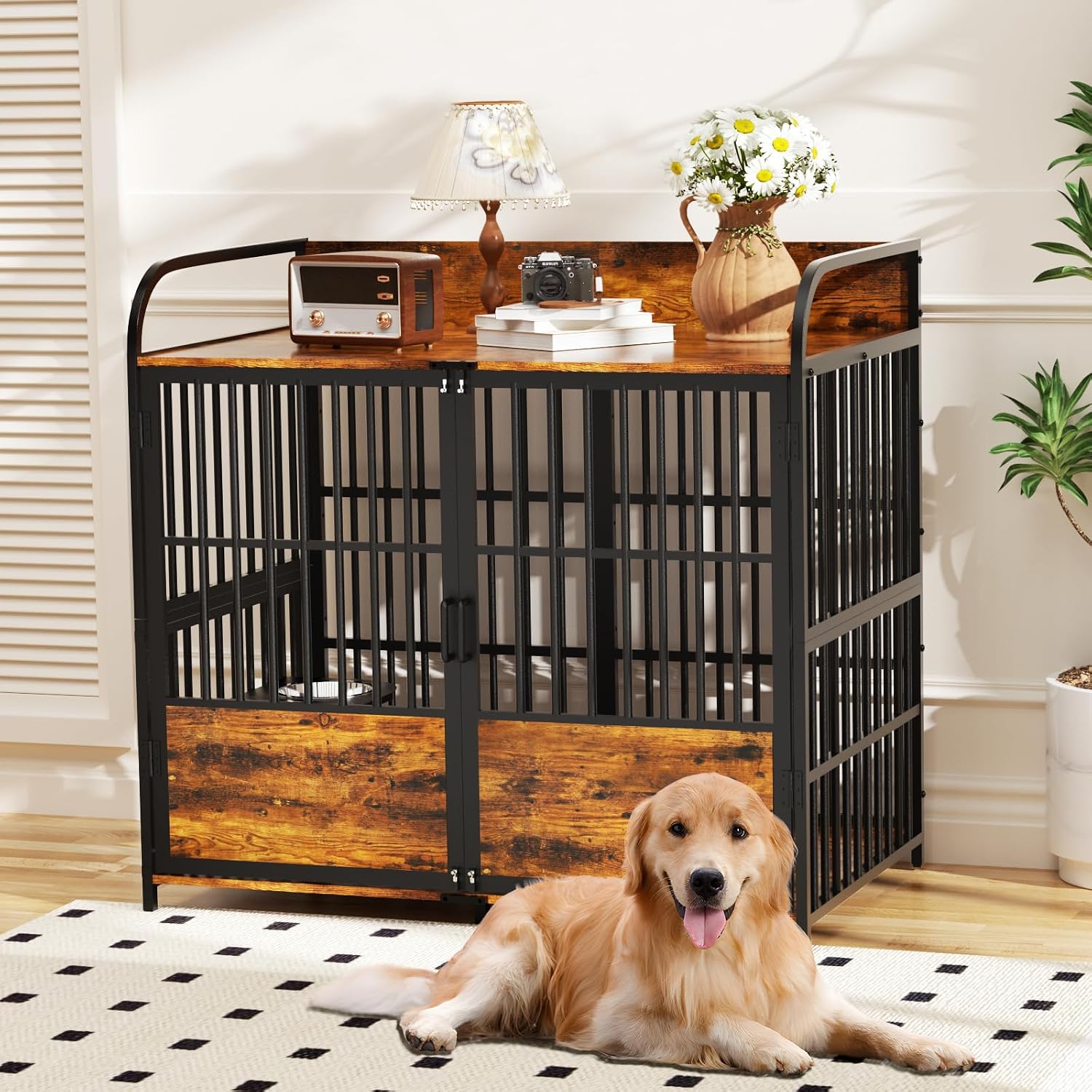 41 in Dog Crate Furniture, Medium Dog Kennel Indoor with Adjustable Bowls, Wooden Dog Cage Table Decorative for Small, Medium, Dog, Brown 41' L X 24' W X 36' H