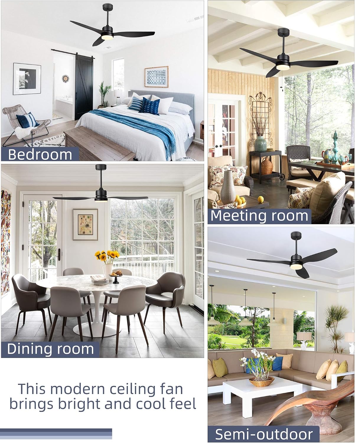 YOUKAIN Ceiling Fans with Lights, 52 Inch Smart Ceiling Fan Remote & APP Control, Reversible Blades, Matte Black, Indoor/Outdoor Modern Ceiling Fans for Living room, Bedroom, 52-YJ359-BK-SM