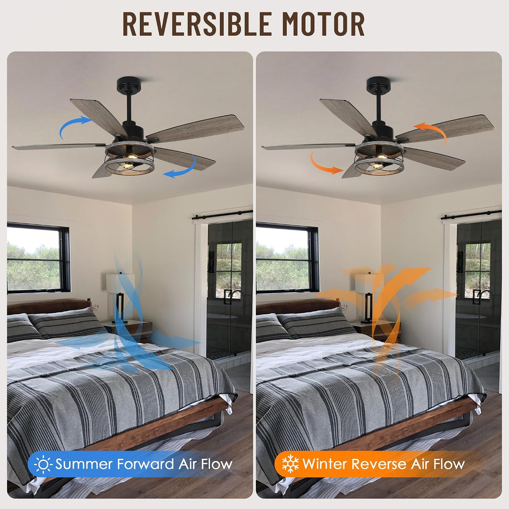 52'' Farmhouse Ceiling Fans with Lights and Remote,Chandelier Ceiling Fan with Reversible DC Motor,5 Double Colour Blades,Rustic Caged Ceiling Fan for Living Room,Dining Room,Bedroom