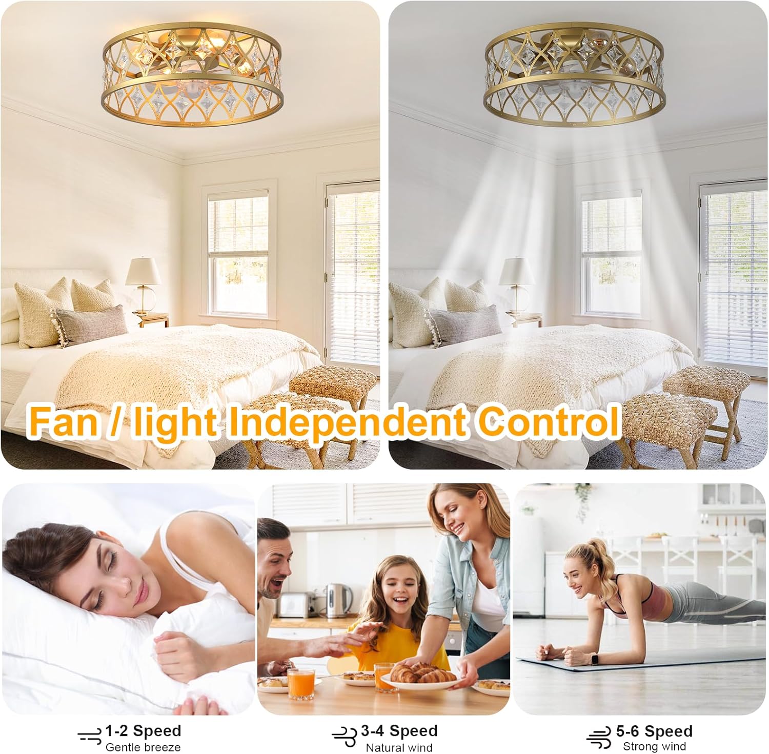 Garwarm Caged Ceiling Fan with Light,20' Ceiling Fans with Lights and Remote,Bladeless Fandelier Small Low Profile Ceiling Fan Light Fixture for Bedroom,Kitchen,Dining Room,Gold