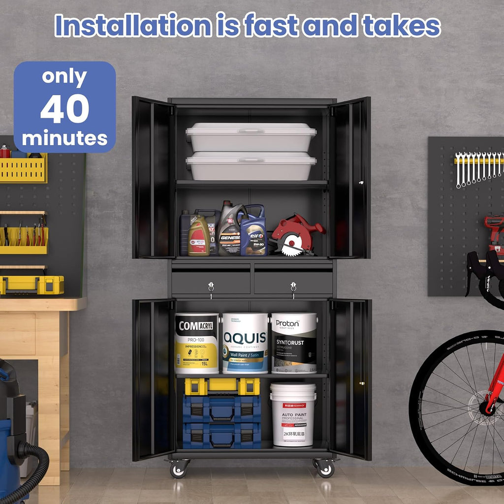 IDEALHOUSE Garage Storage Cabinet, 73 Inch Metal with Locking Doors and Adjustable Shelves, Heavy Duty Tool Cabinet with 2 Drawers