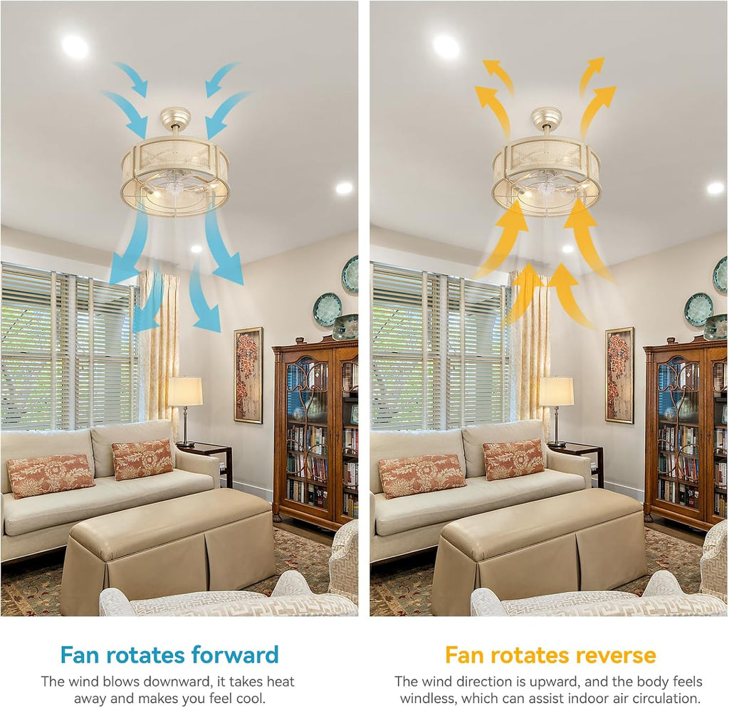 20' Boho Ceiling Fans with Lights, Rattan Fandelier Ceiling Fan with Light Remote Control with Caged 6 Speeds for Bedroom, Nursery, Living Room (Gold)