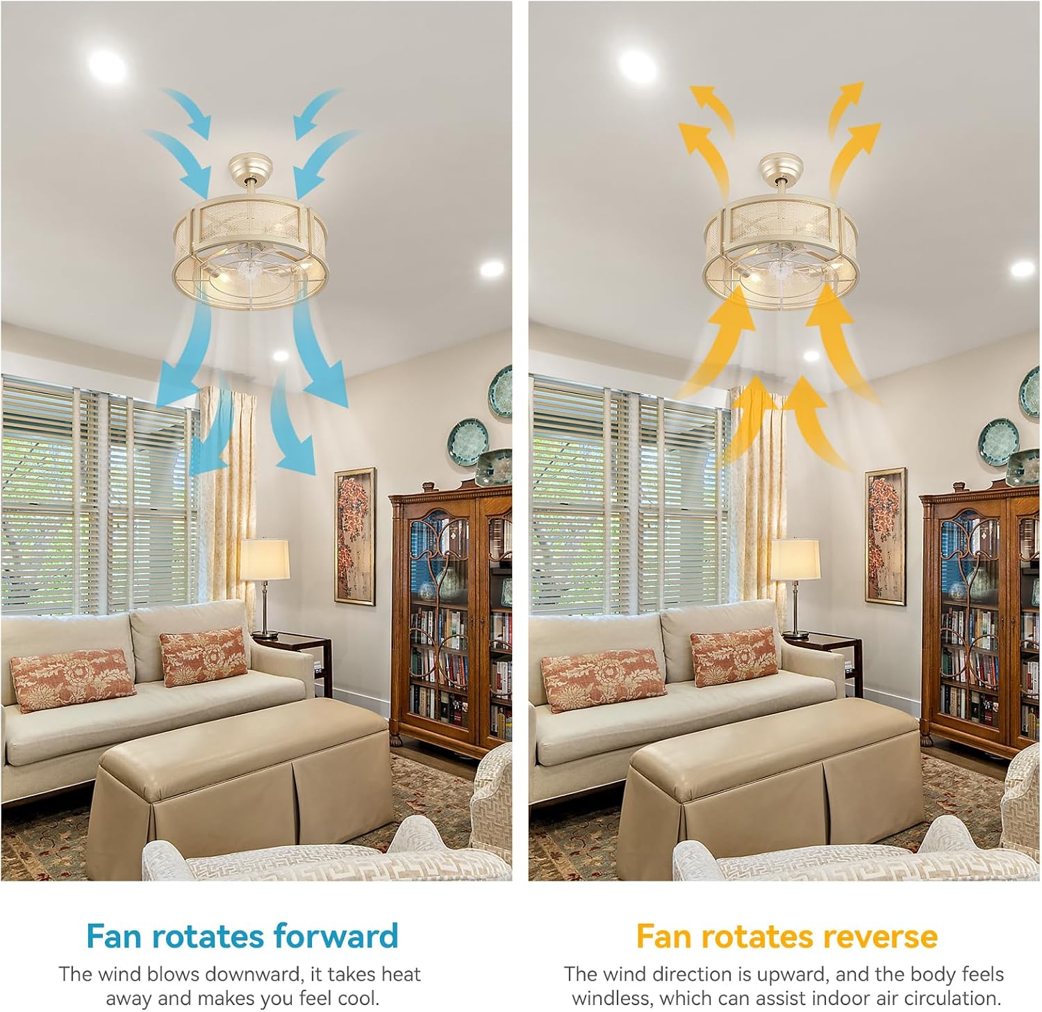 20' Boho Ceiling Fans with Lights, Rattan Fandelier Ceiling Fan with Light Remote Control with Caged 6 Speeds for Bedroom, Nursery, Living Room (Gold)
