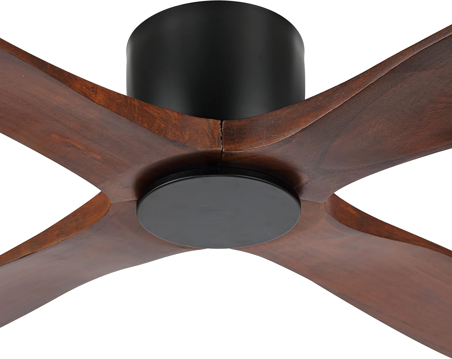 WINGBO 54 Inch Flush Mount DC Ceiling Fan without Lights, 4 Reversible Carved Wood Blades, 6-Speed Noiseless DC Motor, Hugger Ceiling Fan No Lights in Matte Black Finish with Walnut Blades, ETL Listed