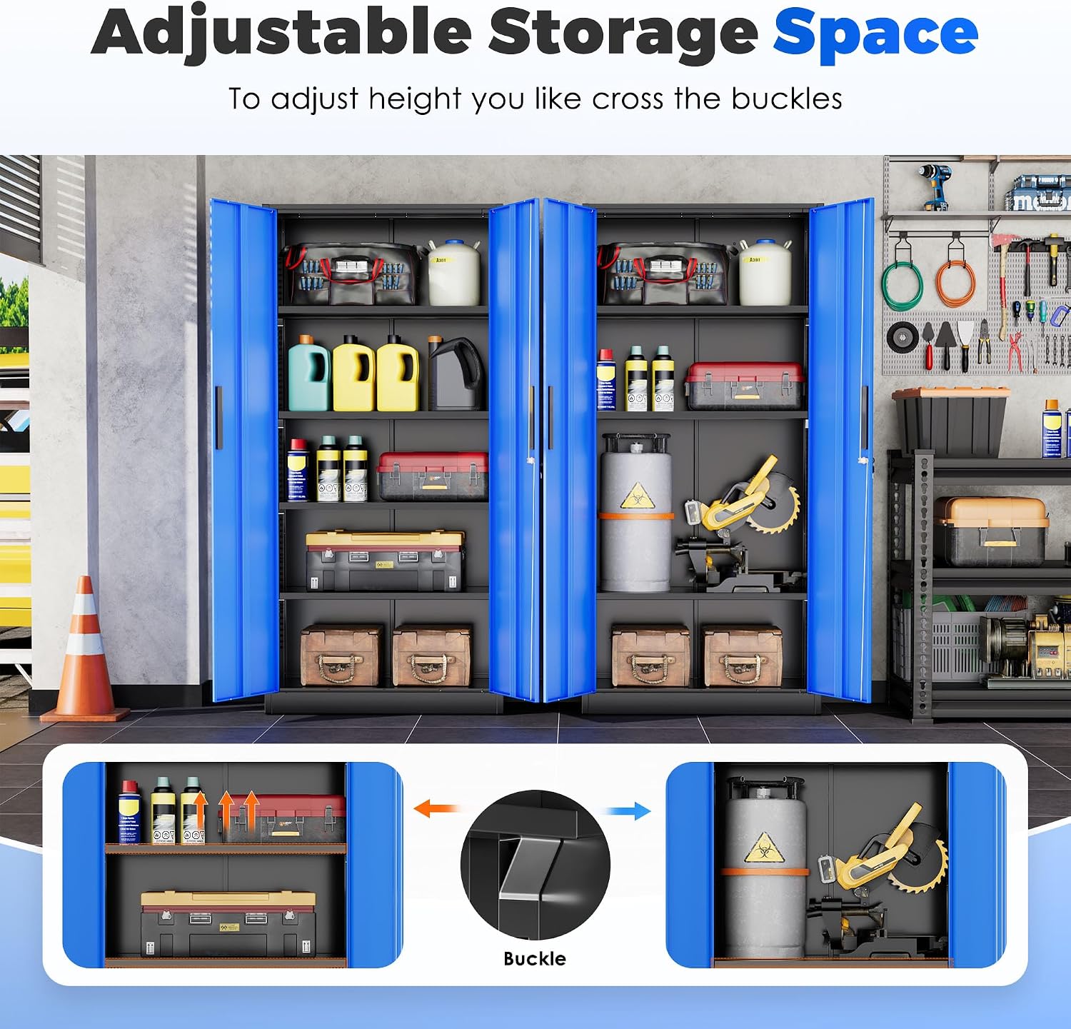 INTERGREAT Storage Cabinet with Doors and Shelves, Metal Garage Storage Cabinets with Lock, Black Lockable Steel Supply Cabinet for Home Office, Warehouse (Black Blue)