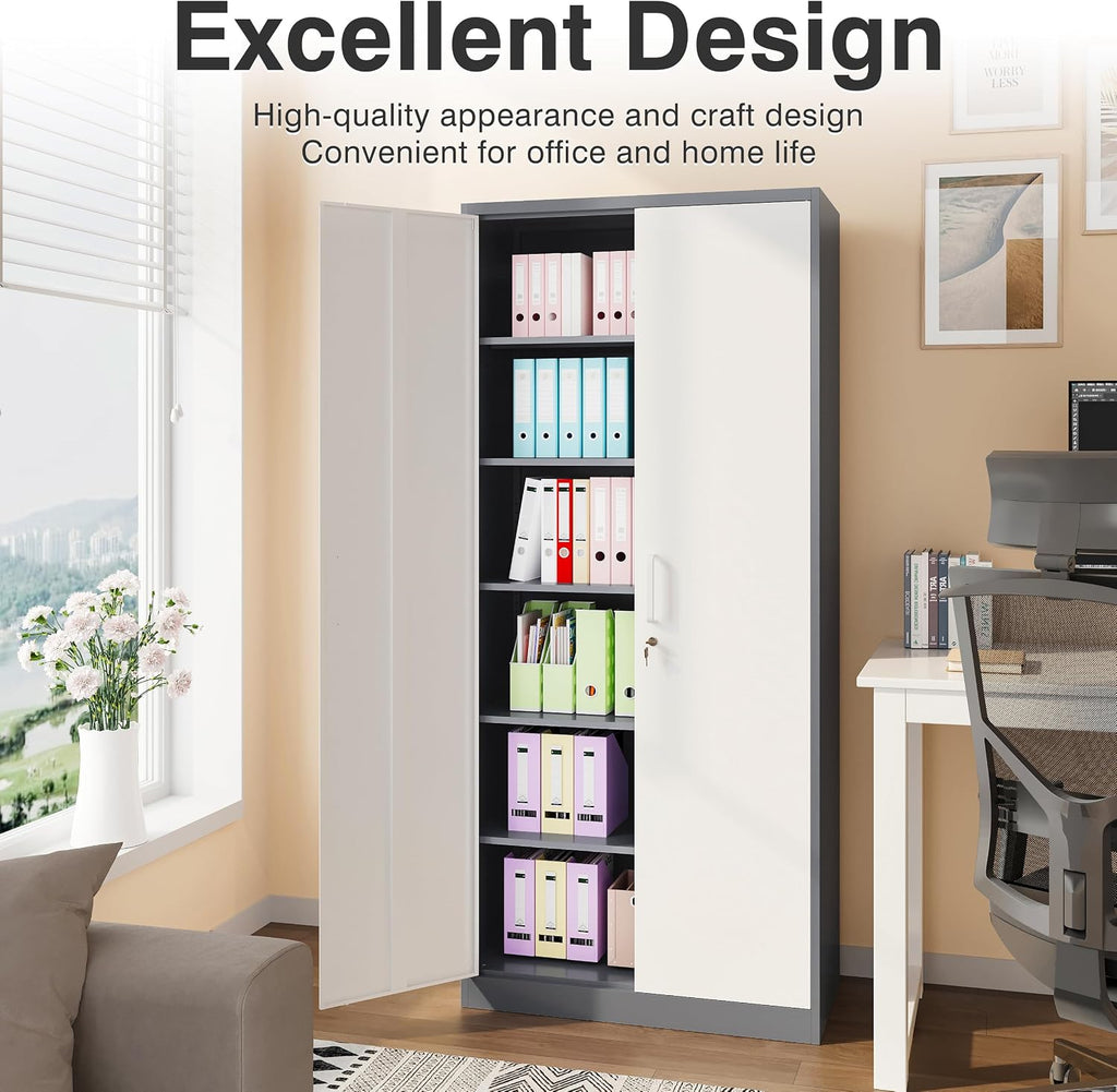 Metal Storage Cabinet with 2 Doors and 6 Shelves,Gray White Metal Cabinet with Lock,71' Lockable Garage Storage Cabinets,Locking File Cabinet,Steel Tool Cabinets for Home,Office,Garage,Shop,School