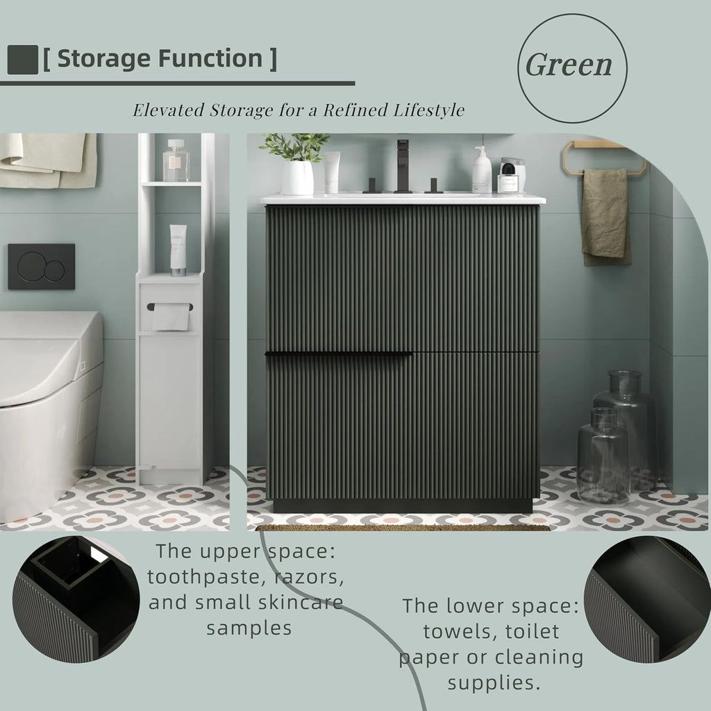 30' Bathroom Vanity Cabinet, Ceramic Sink Top, Fluted Front, 2 Full-Extension Drawers, Perfect for Master Suite, Cozy Guest Bath, or Compact Powder Room