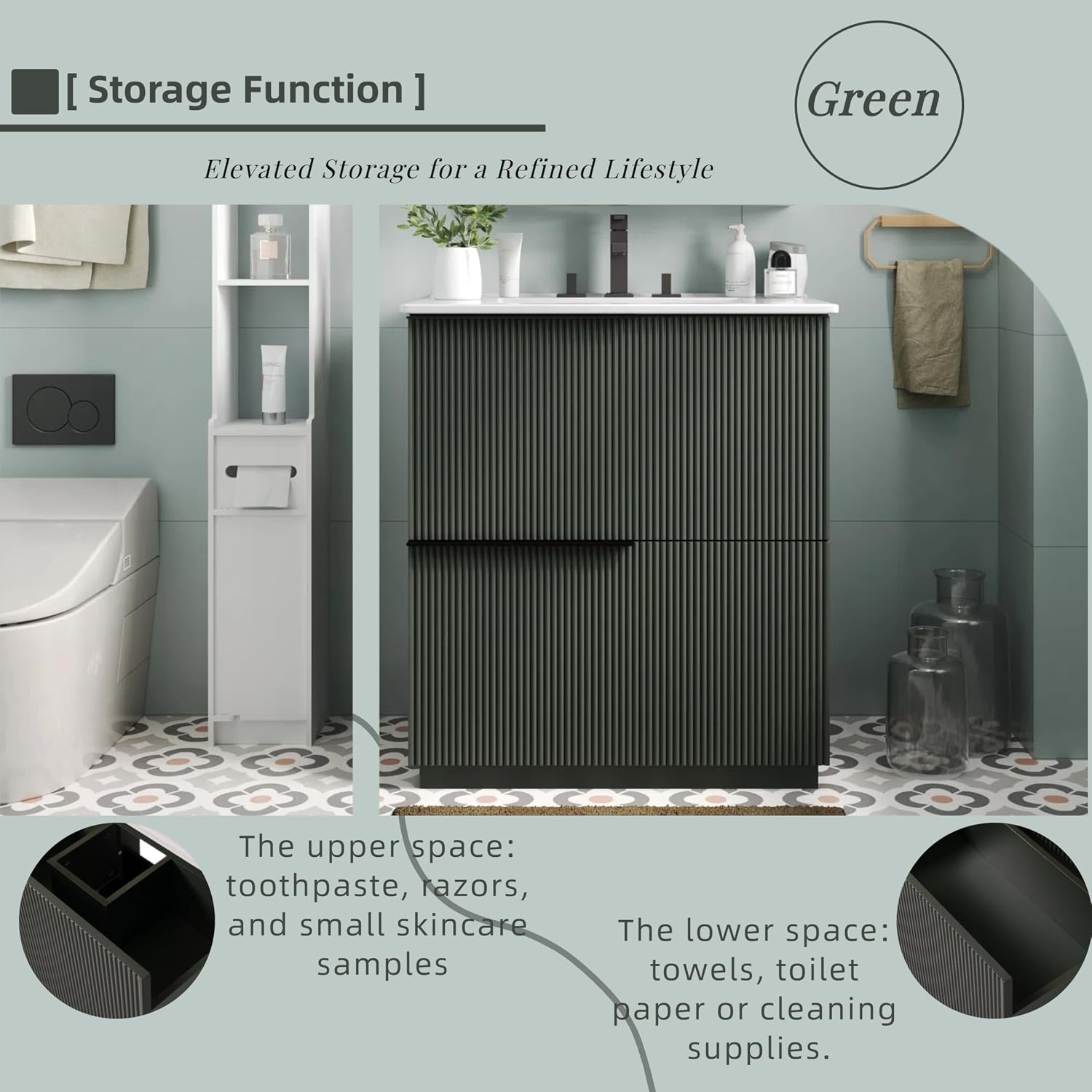 30' Bathroom Vanity Cabinet, Ceramic Sink Top, Fluted Front, 2 Full-Extension Drawers, Perfect for Master Suite, Cozy Guest Bath, or Compact Powder Room