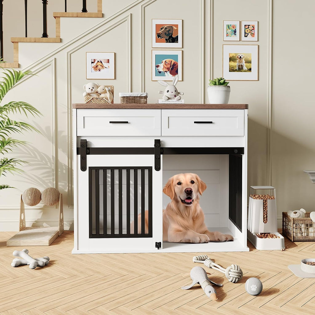 44.5'' Dog Crate Furniture with Hook and Storage Drawer, Wooden Dog Kennel with Sliding Barn Door Indoor Furniture Style Dog Crates End Table for Medium/Small Dogs (White)