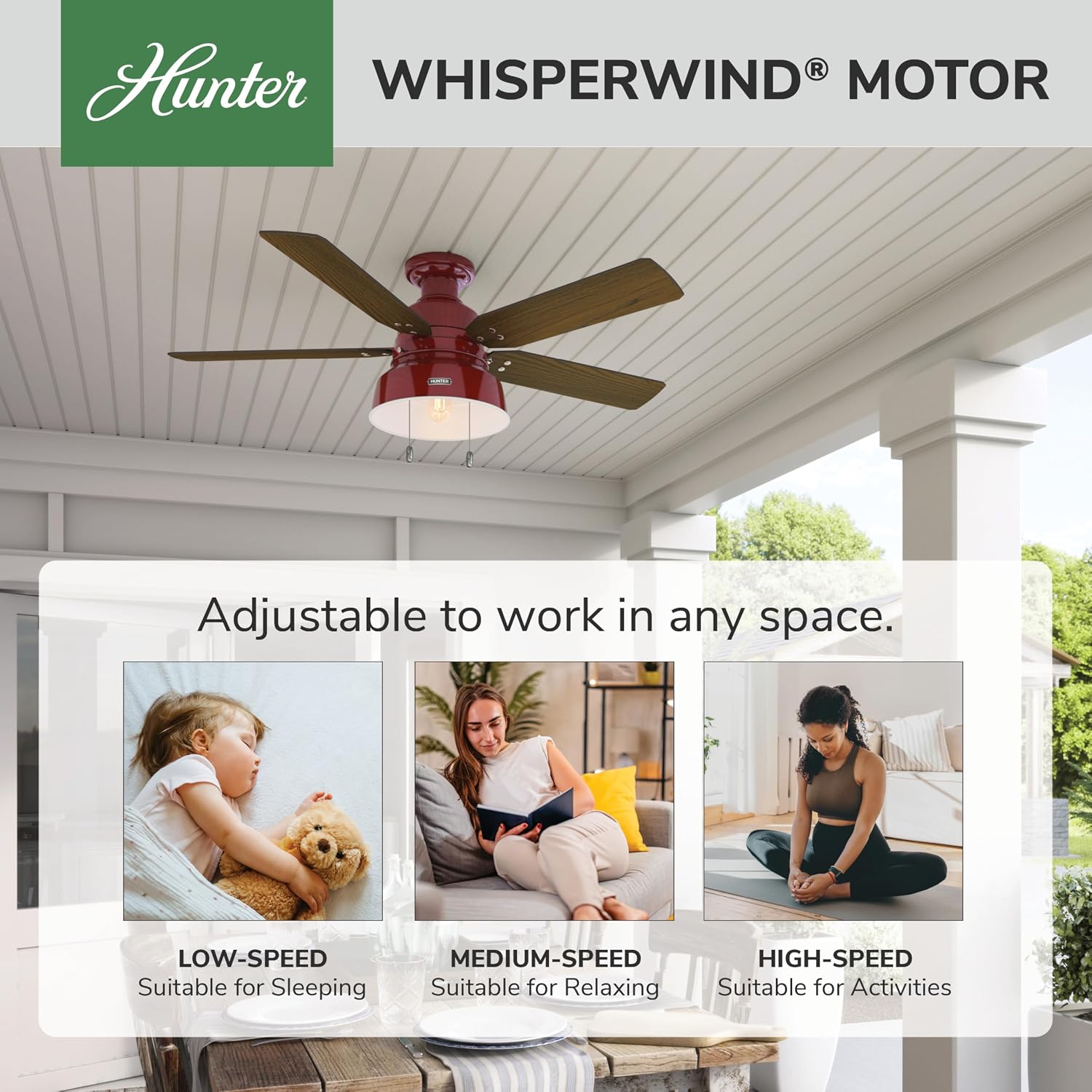 Hunter 52 inch Outdoor or Indoor Ceiling Fan with LED Light - Rustic Ceiling Fan with Pull Chain, For Bedroom, Living Room, or Patio, Low Profile Mount, No Remote - Mill Valley 59312, Barn Red