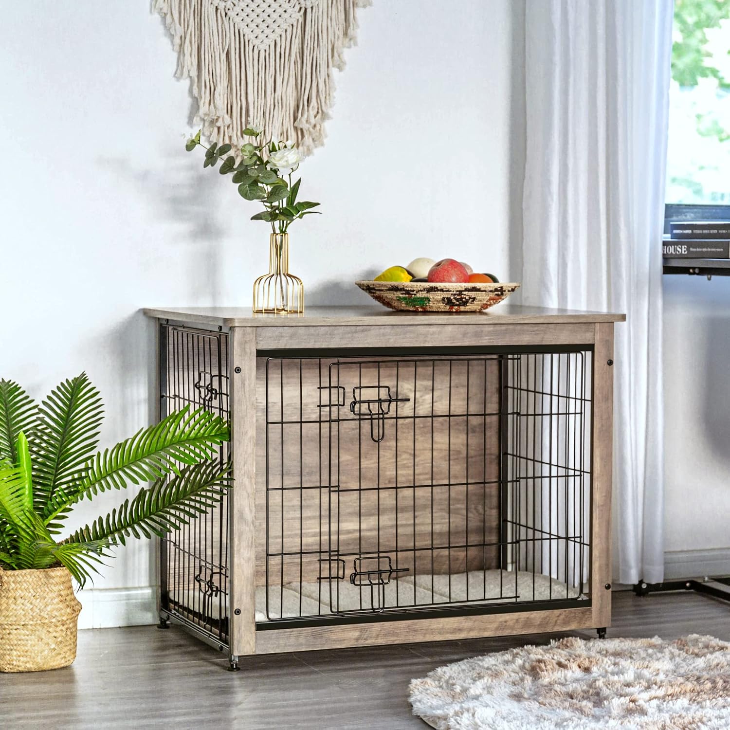 DWANTON Dog Crate Furniture with Cushion, Wooden Kennel Table with Double Doors, Indoor Dog House, Medium Size, 32.5' L, Greige