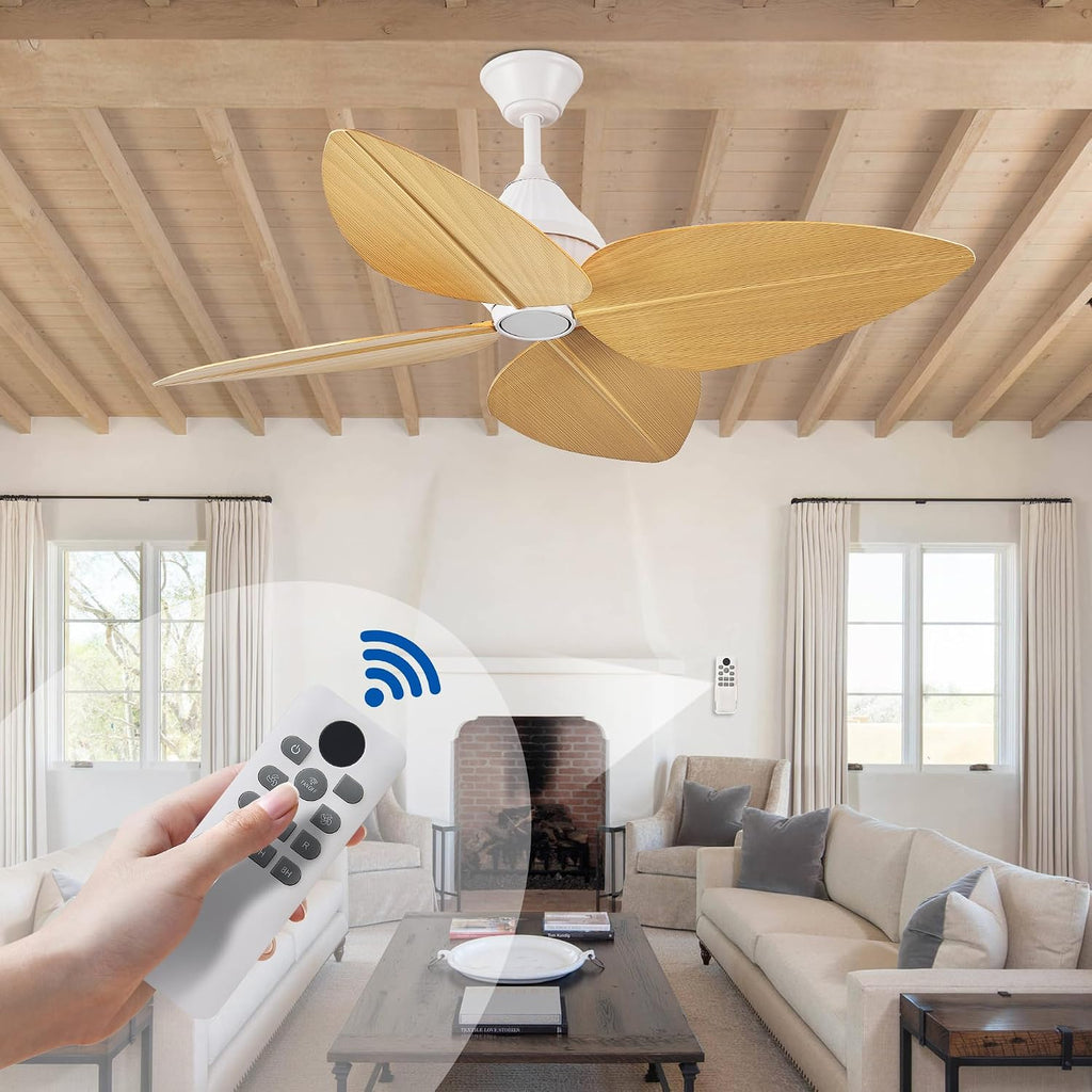 52' Ceiling Fan Without Lights, Tropical Ceiling Fans with APP and Remote Control, Indoor Palm Leaf Ceiling Fans for Living Room Bedroom Patios (Light Wood Grain)