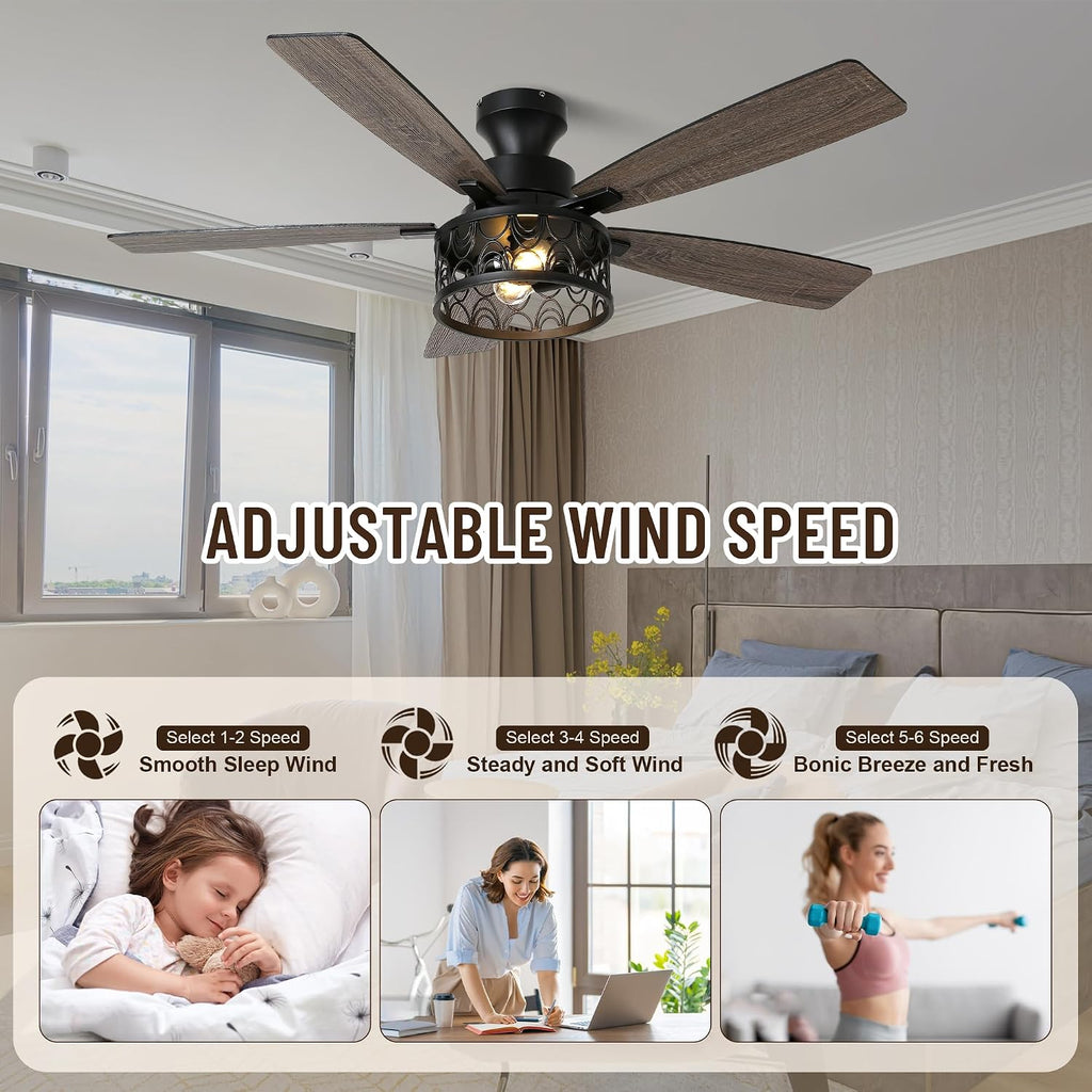 52'' Ceiling Fan with Lights, Flush Mount Farmhouse Ceiling Fan with Remote Control, 6 Speeds Reversible DC Motor, Low Profile Industrial Caged Ceiling Fan for Bedroom Living Room