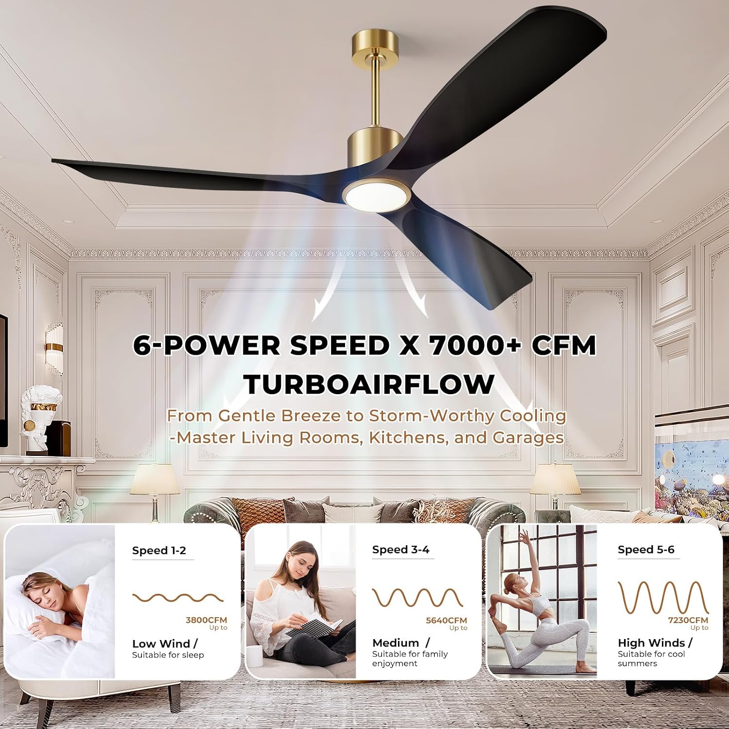 Ceiling Fans with Lights, Ceiling Fans with Lights and Remote Control, 60 inch Ceiling Fan with Light, Outdoor Ceiling Fans for Patios 3 Blade Bedroom Living Room-Matte Black and Gold