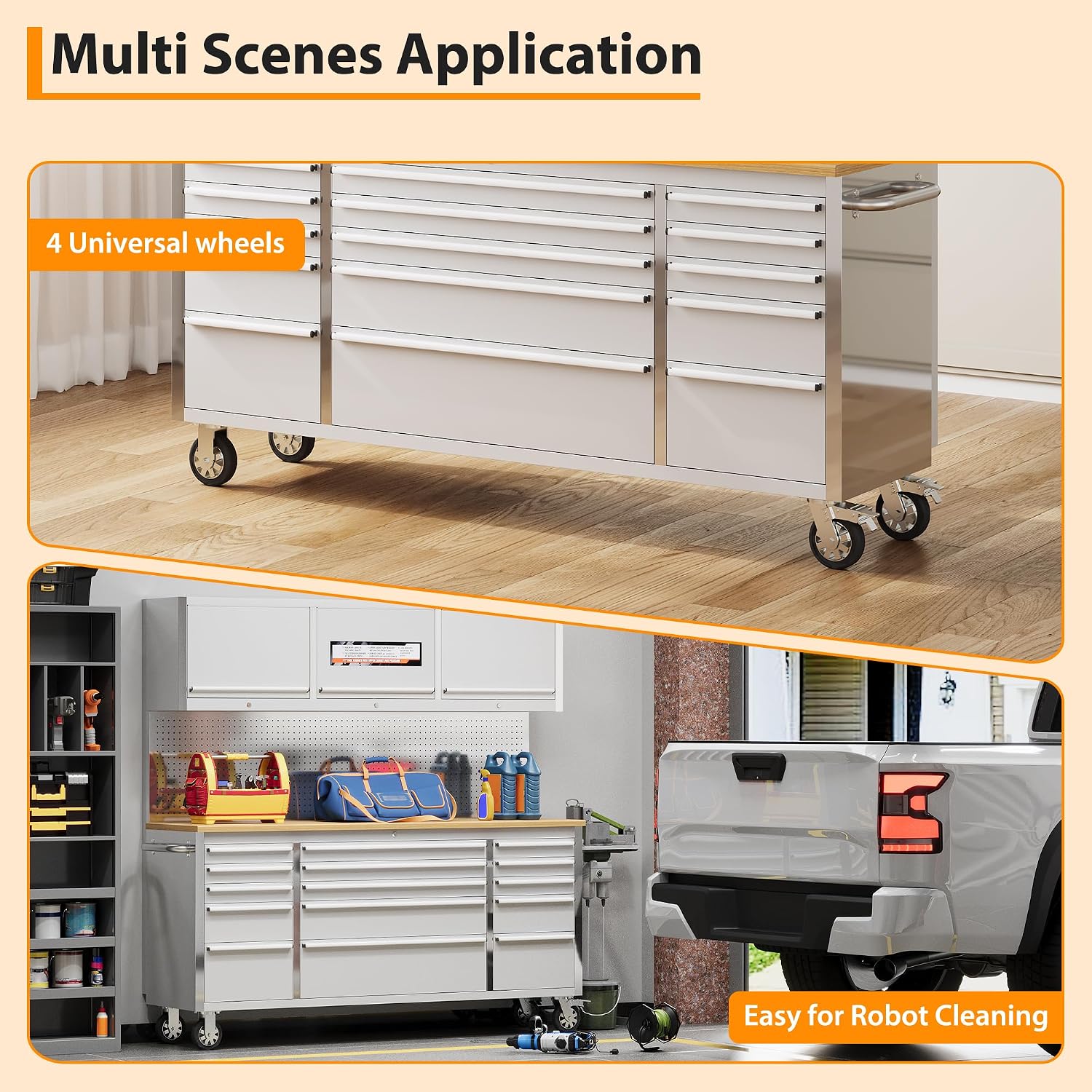 72-inch Rolling Tool Chest, 15 Drawers Garage Workbench Storage Tool Cabinet with Lock Key, Heavy Duty Rolling Cabinet with Solid Rubber Wood Top, Load Mobile Workstation for Warehouse, Repair Shop