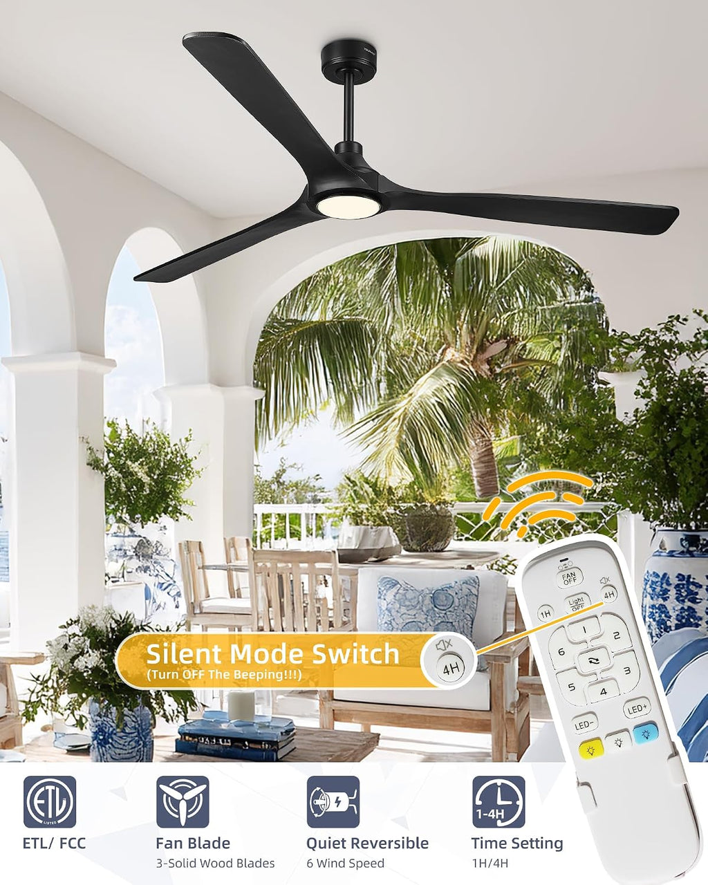 YOUKAIN 72 Inch Ceiling Fan with Light, 3 Black Solid Wood Blade, Remote Control, 3CCT Dimmable LED, 6-Speed Reversible Motor, Propeller Outdoor Ceiling Fans for Patios, 72-YJ817-BK