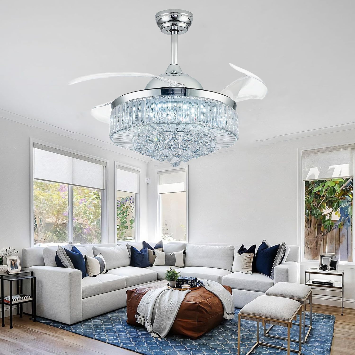 FIDGRA 42'' Fandelier Ceiling Fan with Light, Retractable Chandelier Fan, 3 Color Temperature, 6 Wind Speed, Crystal Ceiling Fan for Bedroom Living Room Dining Room-Chrome