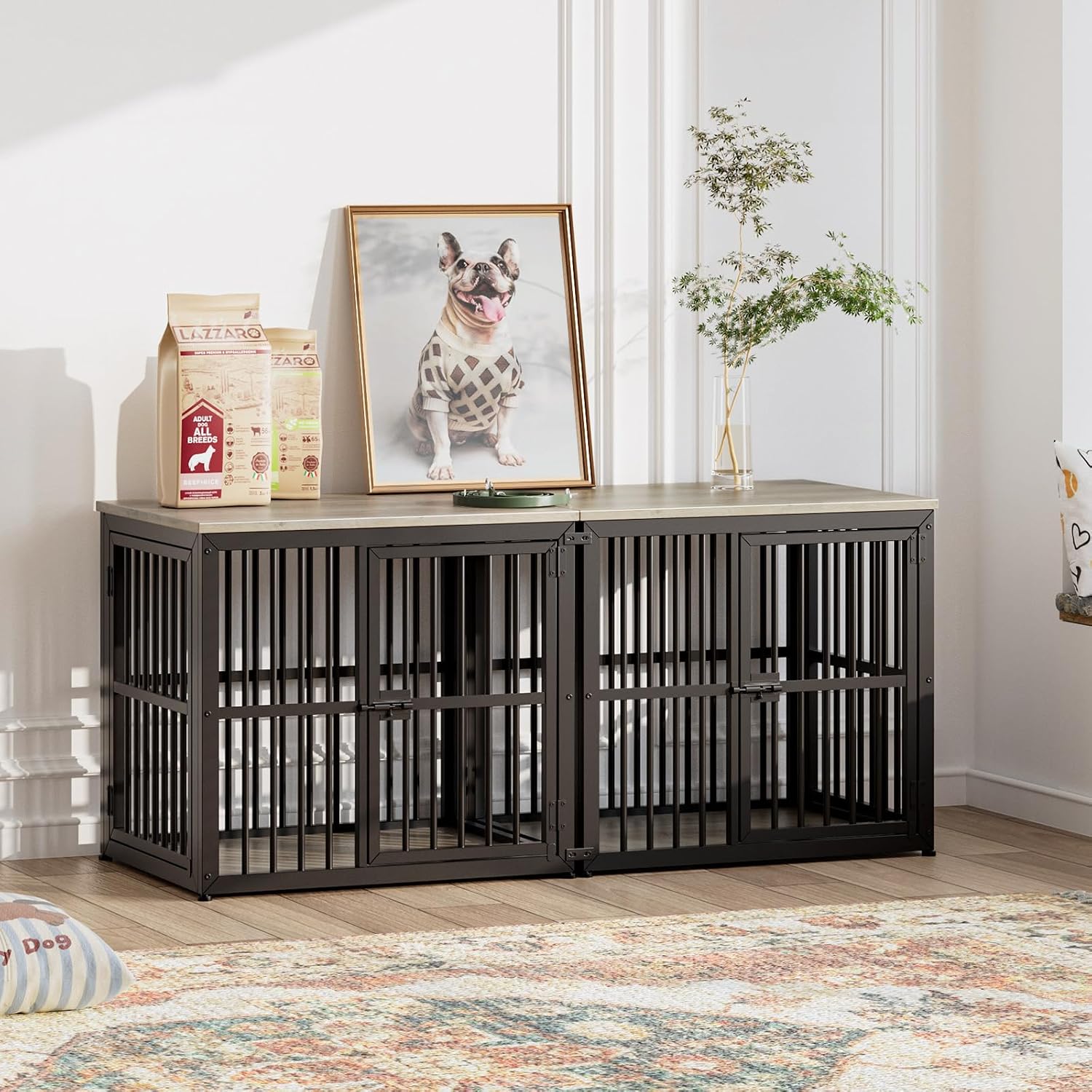 Lyromix 54'' Dog Crate Furniture with Double Rooms,Wooden Crate End Table Heavy Duty Indoor Puppy Cage for 2 Small Dogs, Multiple Units Can be Combined, Grey