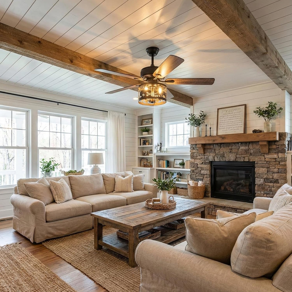 52' Farmhouse Ceiling Fan with Light and Remote, Rustic Fandelier Ceiling Fan with Deer & Bear Cut-out Drum Cage, Quiet Reversible DC Motor for Bedroom, Living Room, Kitchen, Black