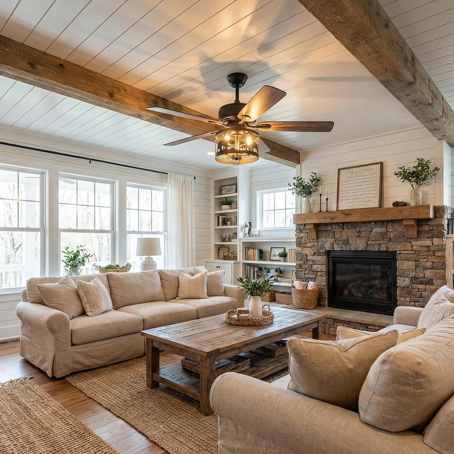 52' Farmhouse Ceiling Fan with Light and Remote, Rustic Fandelier Ceiling Fan with Deer & Bear Cut-out Drum Cage, Quiet Reversible DC Motor for Bedroom, Living Room, Kitchen, Black