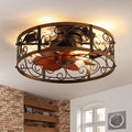18'' Caged Ceiling Fan with Lights and Remote Flush Mount Farmhouse Ceiling Fan Low Profile Bladeless Fandelier Small Vintage Rustic Chandelier Reversible Motor 6 Speeds for Bedroom Kitchen