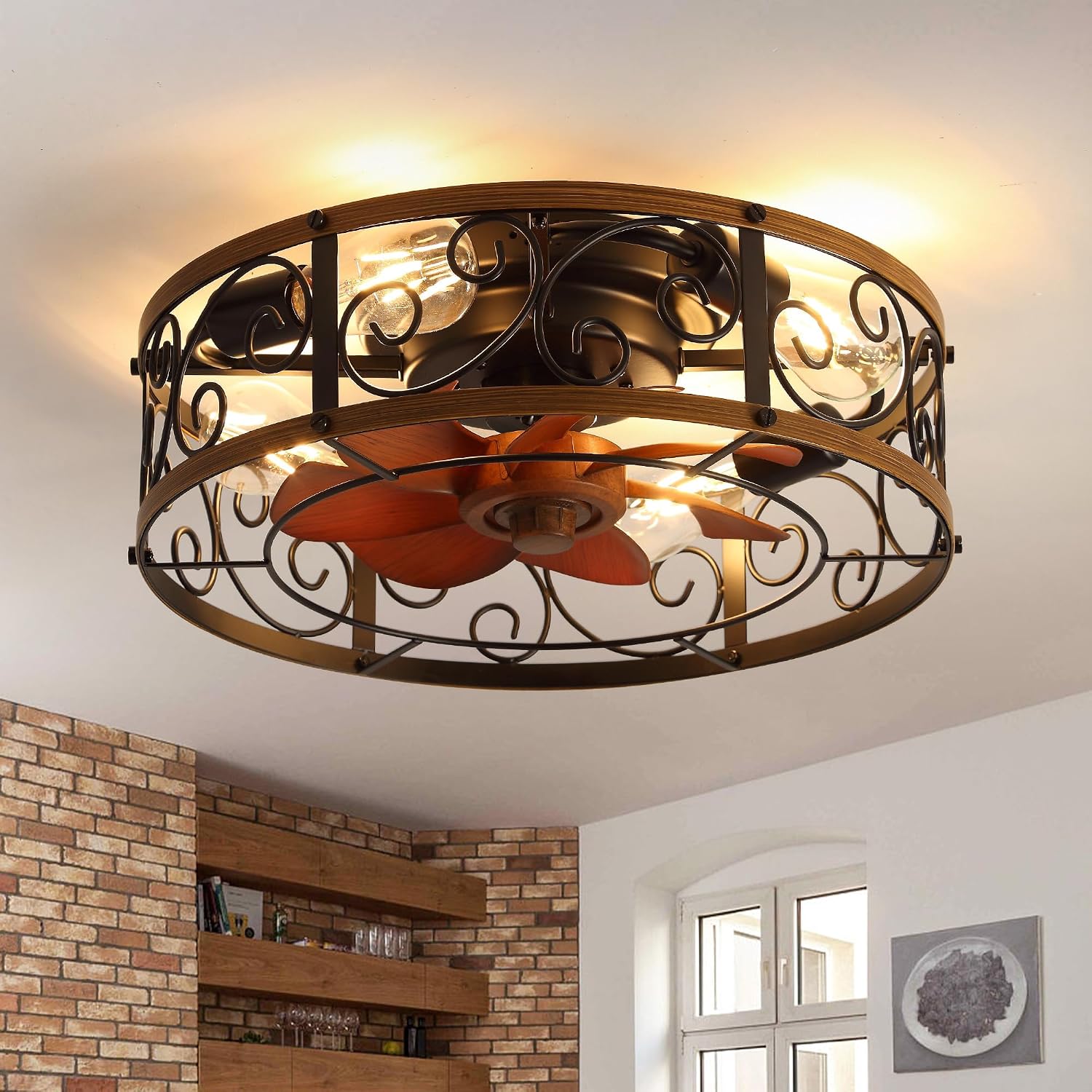 18'' Caged Ceiling Fan with Lights and Remote Flush Mount Farmhouse Ceiling Fan Low Profile Bladeless Fandelier Small Vintage Rustic Chandelier Reversible Motor 6 Speeds for Bedroom Kitchen