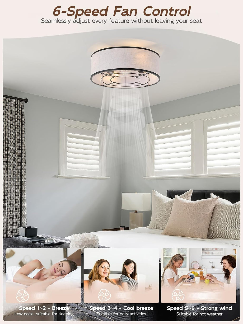 20' Black Low Profile Ceiling Fans with Lights, Boho Flush Mount Ceiling Fan with Light and Remote, Rattan with 6 Speeds for Bedroom, Nursery, Living Room