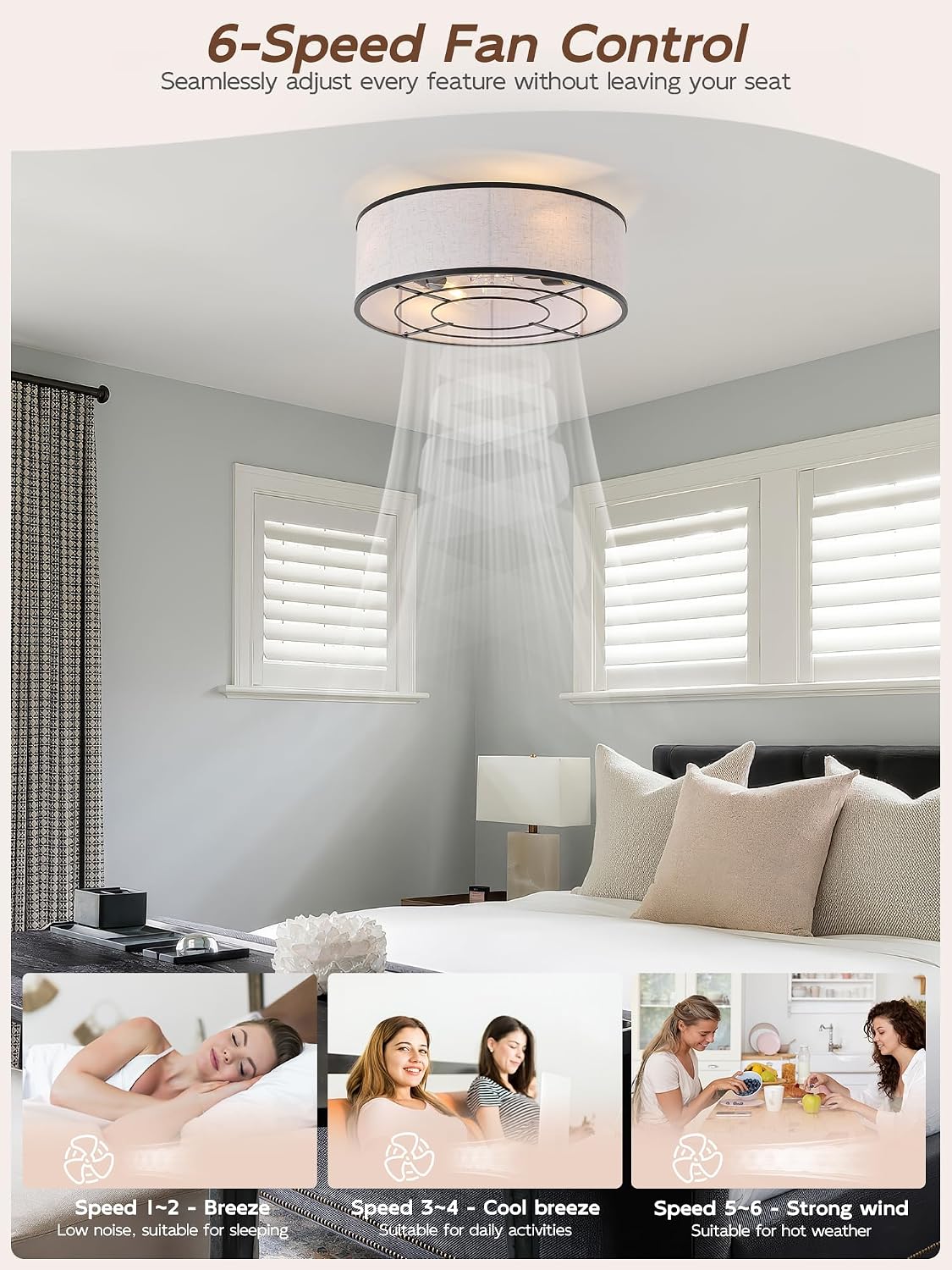 20' Black Low Profile Ceiling Fans with Lights, Boho Flush Mount Ceiling Fan with Light and Remote, Rattan with 6 Speeds for Bedroom, Nursery, Living Room