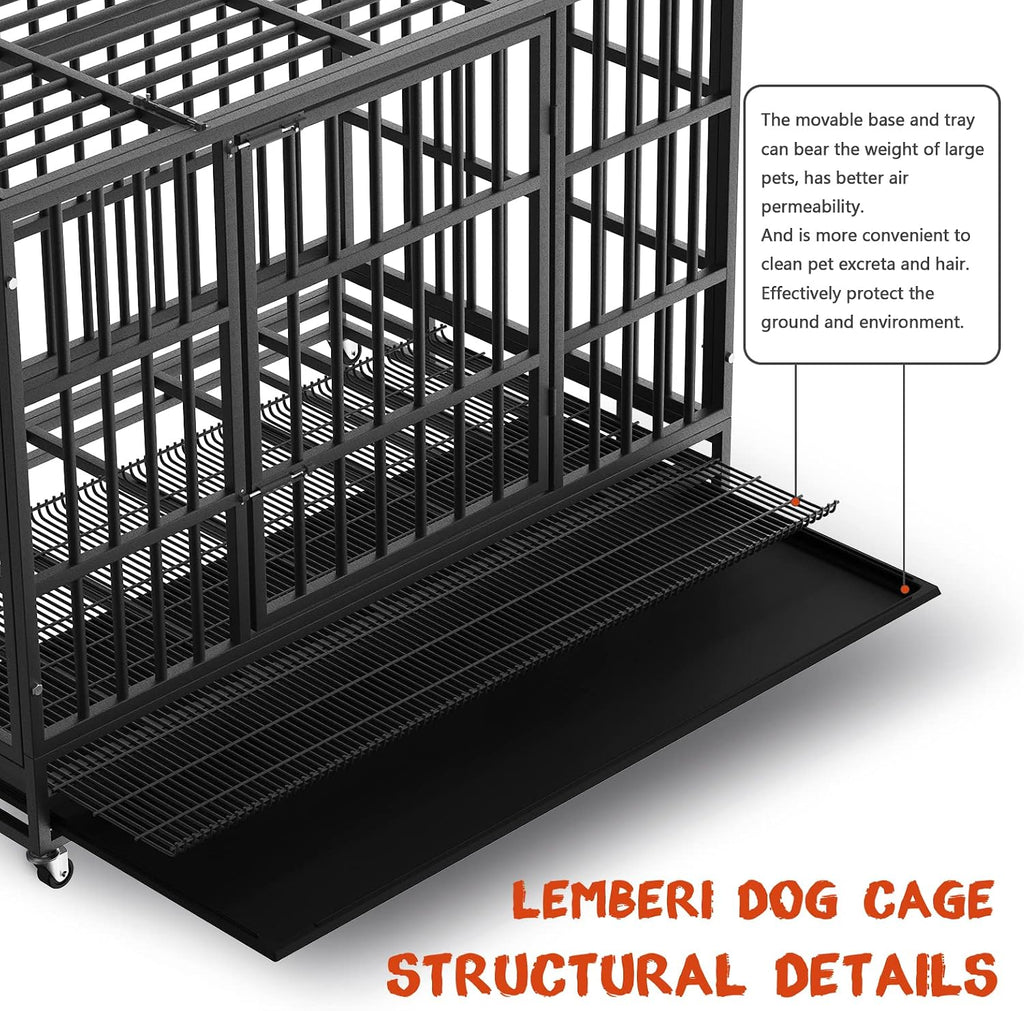 LEMBERI 38 Inch Heavy Duty Indestructible Dog Crate, High Capacity Escape Proof Double Door Kennel with Lockable Wheels, Small Metal Dog Cage with Reinforced Steel Tubes, Removable Tray, Black