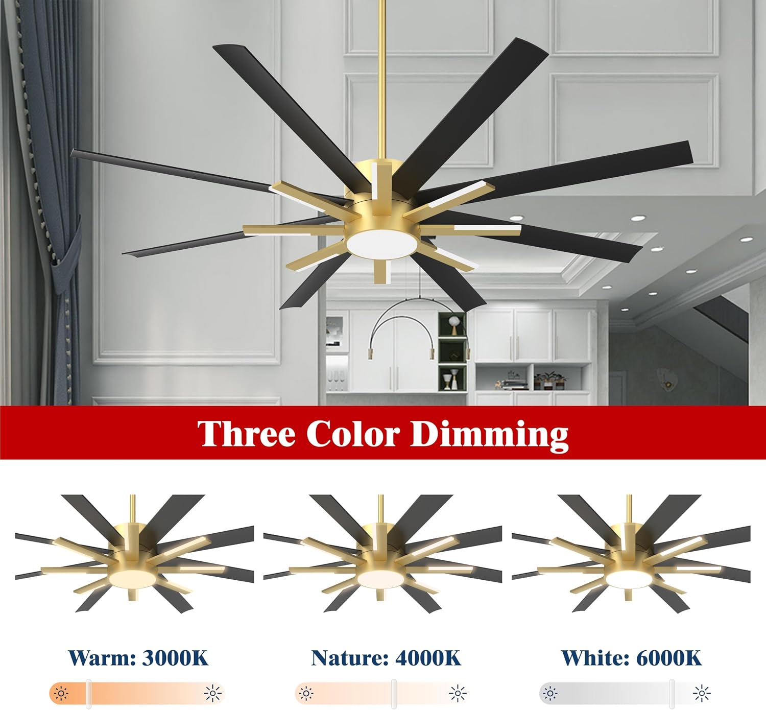 72 inch Large Ceiling Fans with Lights and Remote，Indoor/Outdoor Modern Ceiling Fan for Living Room Patio，6 Speed Reversible，8 Blades and 9 Lights，3 CCT，Black Gold